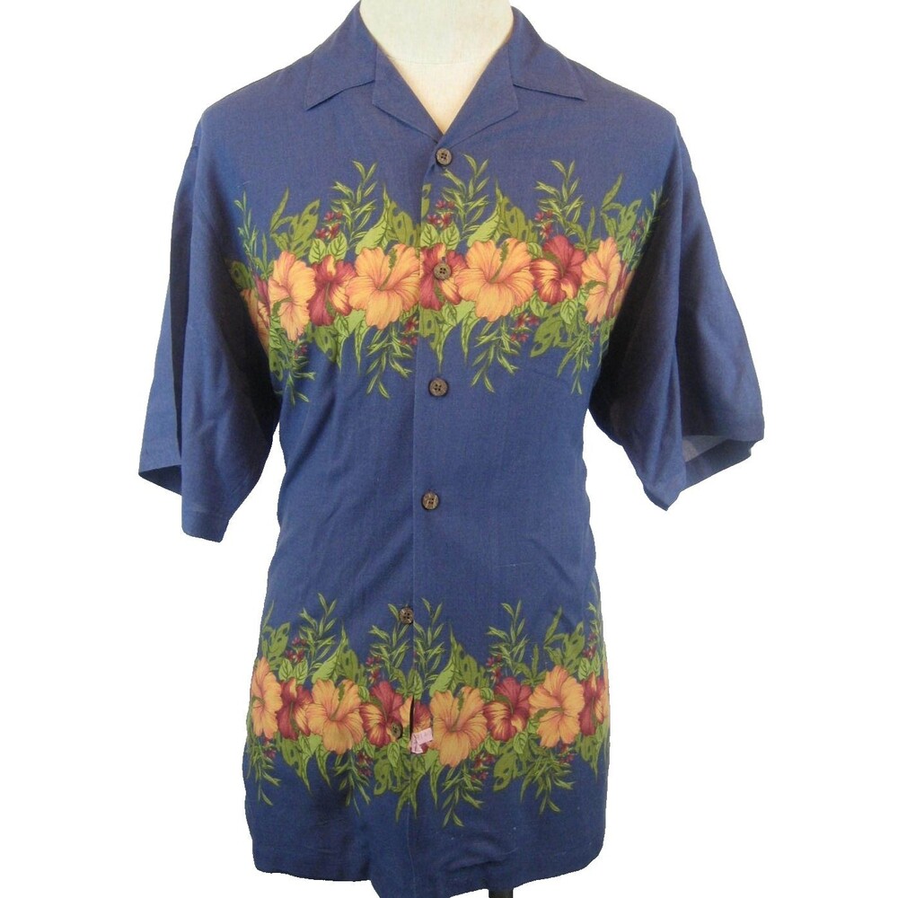 Mens Original Island Sport Blue Floral SS Rayon Island Hawaiian Aloha Shirt   Sm